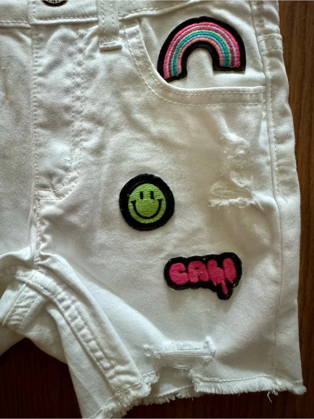 Justice Girls White Denim Shorts with Colorful Patch Accents